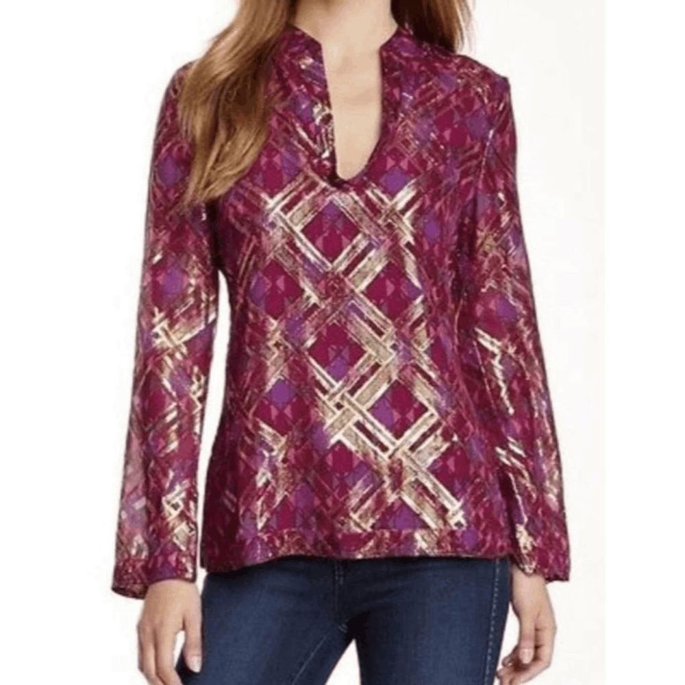 Tory Burch Metallic Plaid Silk Chiffon Long Sleeve Top